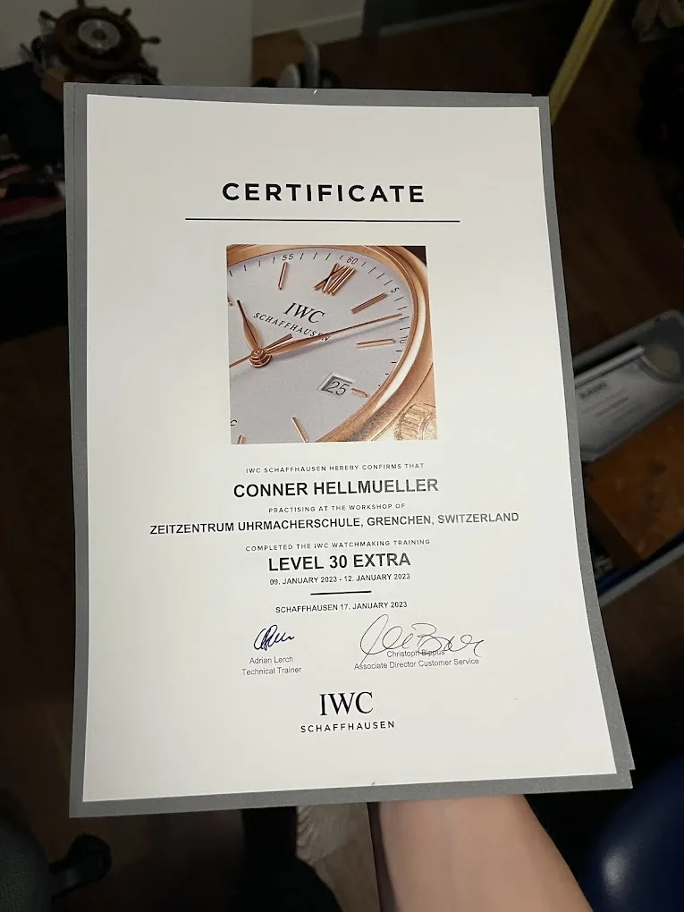 IWC Schaffhausen Certificate Level 30 Extra für Conner Hellmüller, Zeitzentrum Uhrmacherschule Grenchen