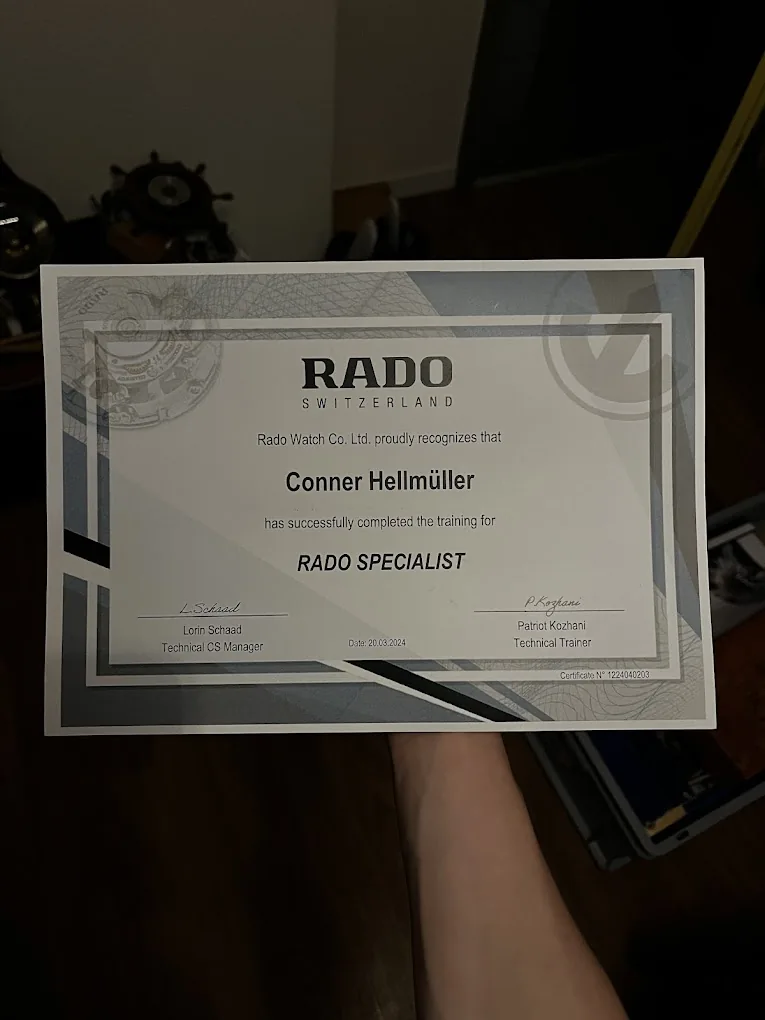Rado Specialist Zertifikat für Conner Hellmüller, ausgestellt 2024